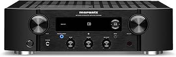 Marantz PM7000N integrated stereo amplifier in black with HEOS built-in, featuring control knobs and display panel