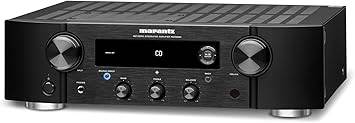 Marantz PM7000N integrated stereo amplifier in black with HEOS built-in, featuring control knobs and display panel