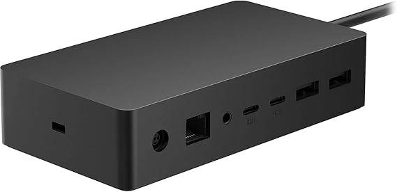 Microsoft Surface Dock 2 with multiple ports including USB-C, Ethernet, USB-A, and audio jack, supports dual 4K displays at 60Hz