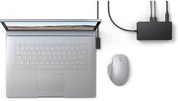 Microsoft Surface Dock 2 with multiple ports including USB-C, Ethernet, USB-A, and audio jack, supports dual 4K displays at 60Hz