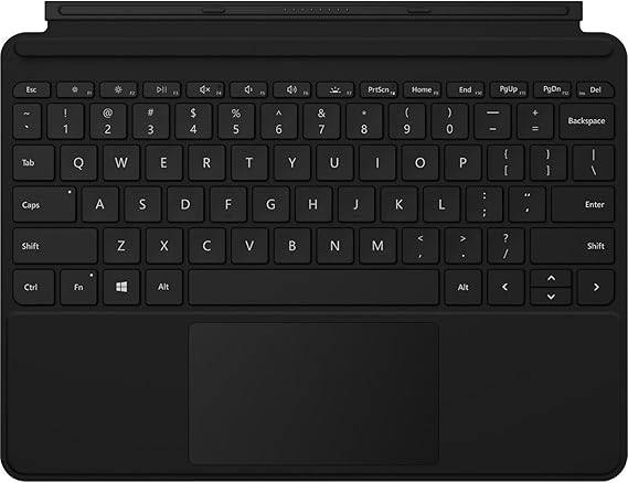 Black Microsoft Surface Go Type Cover with English keyboard layout, shown open with keys visible.