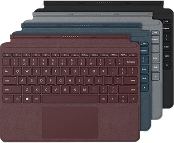 Black Microsoft Surface Go Type Cover with English keyboard layout, shown open with keys visible.