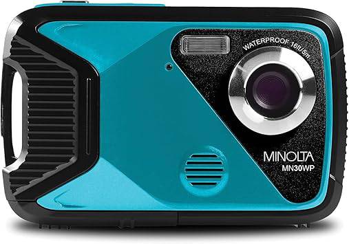 Minolta MN30WP waterproof digital camera with 21 MP resolution and 1080P HD video recording, designed for outdoor and underwater photography.