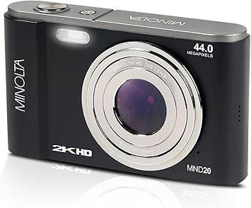 Minolta MND20 44 MP digital camera in black with 2.7K Ultra HD video recording and compact design.
