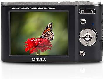 Minolta MND20 44 MP digital camera in black with 2.7K Ultra HD video recording and compact design.