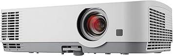 White NEC NP-ME331W LCD projector displaying on a screen, compact design, with control buttons visible.