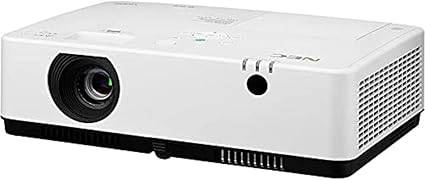NEC Display NP-ME453X LCD projector in white showing a 4:3 aspect ratio projection on a wall.