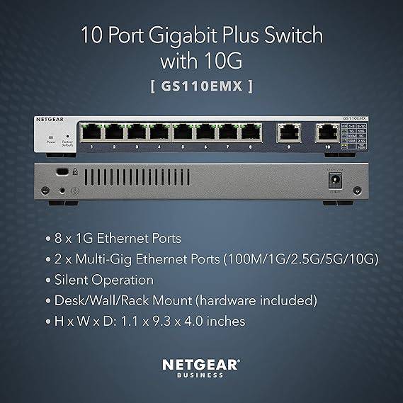 NETGEAR 10-Port Gigabit/10G Ethernet Smart Managed Plus Switch (GS110EMX) - with 2 x 10G/Multi-gig, Desktop/Rackmount, and ProSAFE Lifetime Protection