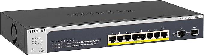 NETGEAR 10-port Gigabit Ethernet managed PoE switch with 8 PoE+ ports, 2 SFP ports, desktop or rackmount setup.