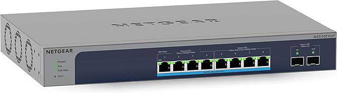 NETGEAR 10-Port Multi-Gigabit Ethernet Smart Managed Pro PoE Switch with 8 PoE++ ports, 2 10G SFP+ ports, and cloud management.