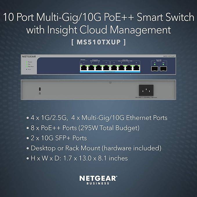 NETGEAR 10-Port Multi-Gigabit/10G Ethernet Smart Managed Pro PoE Switch (MS510TXUP) - with 8 x PoE++ @ 295W, 2 x 10G SFP+, Insight Cloud Management, Desktop/Rackmount, ProSAFE Lifetime Protection
