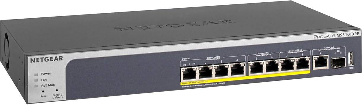 NETGEAR 10-Port Multi-Gigabit/10G Smart Managed PoE Switch with 8 PoE+ ports, 10G SFP+, desktop or rackmount setup.
