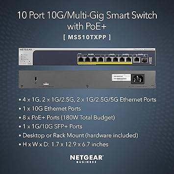 NETGEAR 10-Port Multi-Gigabit/10G Smart Managed Pro PoE Switch (MS510TXPP) - with 8 x PoE+ @ 180W, 1 x 10G SFP+, Desktop/Rackmount, and ProSAFE Lifetime Protection