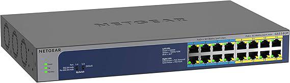 NETGEAR 16-Port Gigabit Ethernet Ultra60 PoE++ unmanaged switch with 8 PoE+ and 8 PoE++ ports, 380W PoE budget, front view.