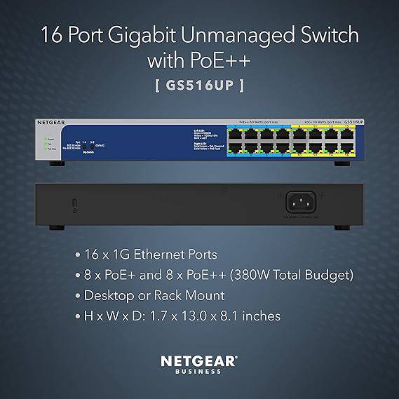 NETGEAR 16-Port Gigabit Ethernet Ultra60 PoE++ Unmanaged Switch with 8 Ports PoE+ and 8 Ports PoE++ and a Total of 380W PoE Budget (GS516UP)