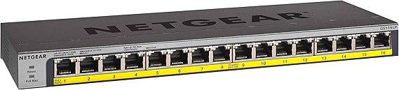 NETGEAR 16-Port Gigabit Ethernet PoE switch with 16 PoE+ ports, desktop or rackmount setup, lifetime ProSAFE protection.