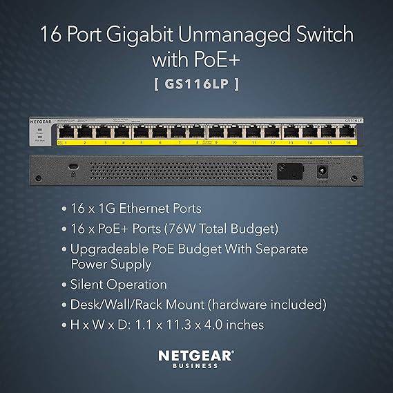NETGEAR 16-Port Gigabit Ethernet Unmanaged PoE Switch (GS116LP) - with 16 x PoE+ @ 76W Upgradeable, Desktop/Rackmount, and ProSAFE Lifetime Protection