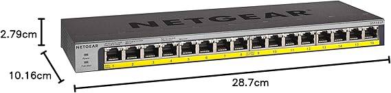 NETGEAR 16-Port Gigabit Ethernet PoE switch with 16 PoE+ ports, desktop or rackmount setup, lifetime ProSAFE protection.