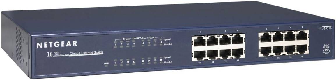 NETGEAR 16-Port Gigabit Ethernet unmanaged switch with desktop or rackmount setup and ProSAFE lifetime protection.