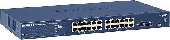 Netgear 24-port Gigabit Ethernet smart managed switch with 2 SFP ports, desktop or rackmount setup, and ProSAFE lifetime protection