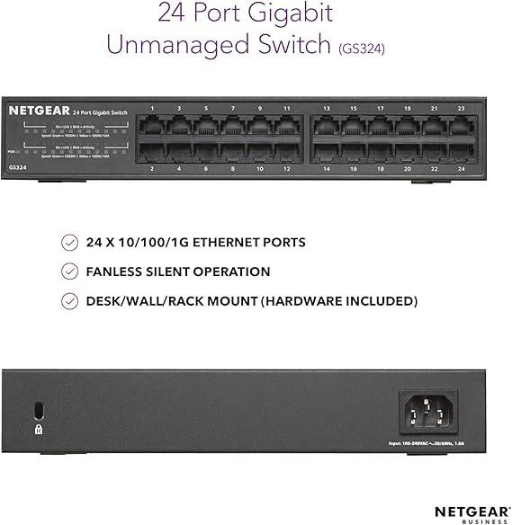 NETGEAR 24-Port Gigabit Ethernet Unmanaged Switch (GS324) - Desktop/Rackmount, Fanless Housing for Quiet Operation Visit the NETGEAR Store 4.6 4.6 out of 5 stars    597 ratings