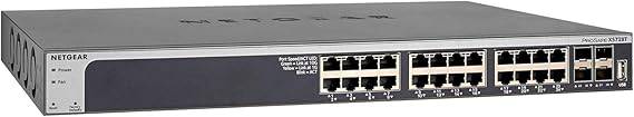 NETGEAR 28-Port 10G Ethernet Smart Managed Pro Switch with 4 Gigabit SFP+ ports, desktop or rackmount setup.