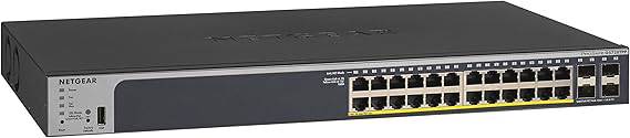 NETGEAR 28-Port Gigabit Ethernet Smart Managed Pro PoE Switch GS728TPP with 24 PoE+ ports, 4 SFP, desktop or rackmount setup.