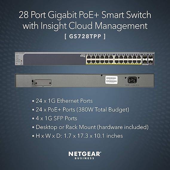 NETGEAR 28-Port Gigabit Ethernet Smart Managed Pro PoE Switch (GS728TPP) - with 24 x PoE+ @ 380W, 4 x 1G SFP, Desktop/Rackmount, and ProSAFE Lifetime Protection