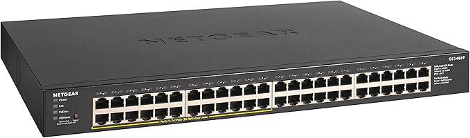NETGEAR 48-Port Gigabit Ethernet unmanaged PoE+ switch with 24 PoE+ ports, sturdy metal design, desktop or rackmount setup.