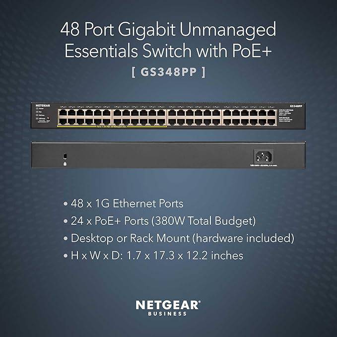 NETGEAR 48-Port Gigabit Ethernet Unmanaged PoE+ Switch (GS348PP) - with 24 x PoE+ @ 380W, Desktop/Rackmount, Sturdy Metal