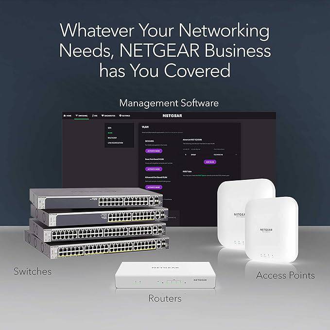 NETGEAR 48-Port Gigabit Ethernet unmanaged PoE+ switch with 24 PoE+ ports, sturdy metal design, desktop or rackmount setup.