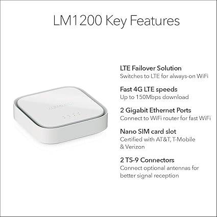 NETGEAR 4G LTE Broadband Modem LM1200 showing front view with ports and indicator lights for primary internet or failover WiFi solution