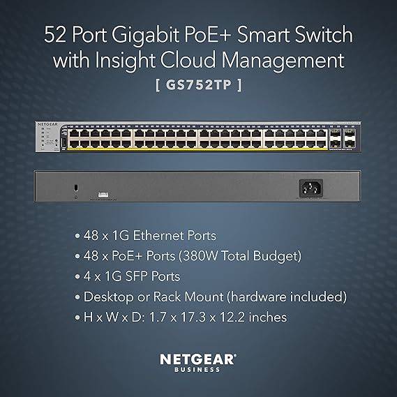 NETGEAR 52-Port Gigabit Ethernet Smart Managed Pro PoE Switch (GS752TP) - with 48 x PoE+ @ 380W, 4 x 1G SFP, Desktop/Rackmount, and ProSAFE Lifetime Protection