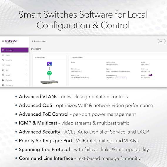 NETGEAR 52-Port Gigabit Ethernet Smart Managed Pro PoE Switch (GS752TP) - with 48 x PoE+ @ 380W, 4 x 1G SFP, Desktop/Rackmount, and ProSAFE Lifetime Protection