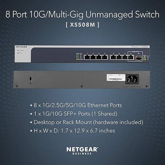 NETGEAR 8-Port 10G Multi-Gigabit Ethernet Unmanaged Switch (XS508M) - with 1 x 10G SFP+, Desktop/Rackmount, and ProSAFE Lifetime Protection