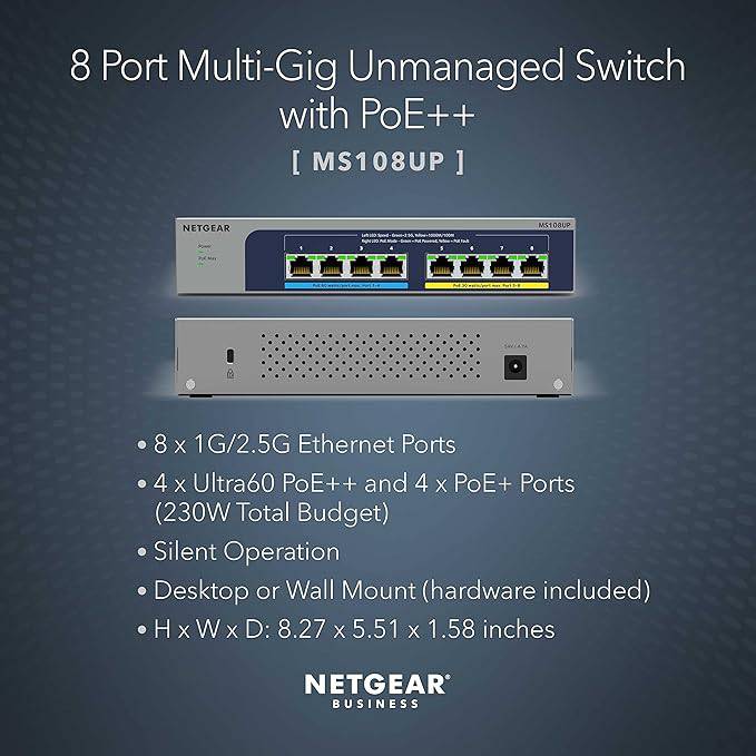 NETGEAR 8-Port Ultra60 PoE Multi-Gigabit Ethernet Unmanaged Network Switch (MS108UP) - with 4 x PoE++ and 4 x PoE+ @ 230W, Desktop or Wall Mount, and Limited Lifetime Protection