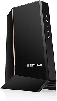 NETGEAR Nighthawk CM2000 cable modem with DOCSIS 3.1 for high-speed internet, 2.5Gbps Ethernet port, sleek black design.