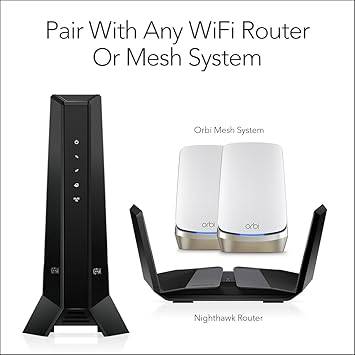 NETGEAR Nighthawk CM2000 cable modem with DOCSIS 3.1 for high-speed internet, 2.5Gbps Ethernet port, sleek black design.