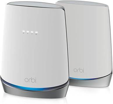 NETGEAR CBK752-100NAS Wi-Fi 6 DOCSIS 3.1 mesh Wi-Fi device, black and white with multiple antennas and ports visible.