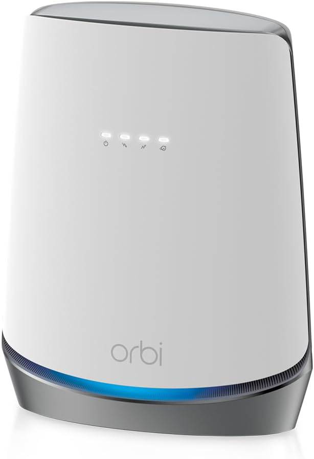 NETGEAR Orbi WiFi 6 mesh router with DOCSIS 3.1, black device designed for high-speed internet and home networking.