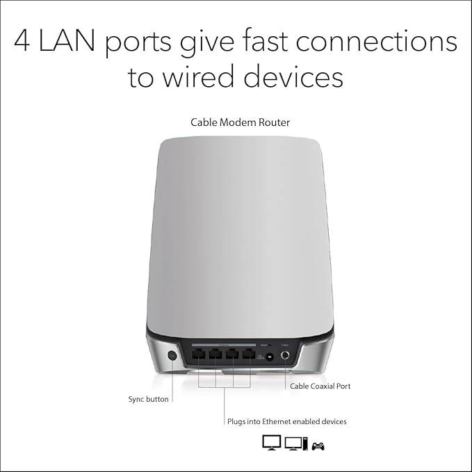 NETGEAR Orbi WiFi 6 mesh router with DOCSIS 3.1, black device designed for high-speed internet and home networking.