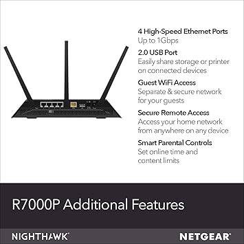 NETGEAR Nighthawk AC2300 WiFi router with dual-band antennas, LED indicators, and ports, designed for fast, reliable internet.