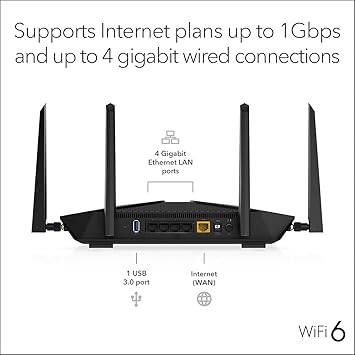 NETGEAR Nighthawk AX6 6-Stream WiFi 6 Router (RAX50) - AX5400 Wireless Speed (up to 5.4Gbps) | Coverage for Medium-to-Large Homes | 4 x 1G Ethernet Ports | 1 x 3.0 USB, Model: RAX50-100NAS