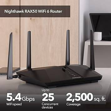 NETGEAR Nighthawk AX6 6-Stream WiFi 6 Router (RAX50) - AX5400 Wireless Speed (up to 5.4Gbps) | Coverage for Medium-to-Large Homes | 4 x 1G Ethernet Ports | 1 x 3.0 USB, Model: RAX50-100NAS