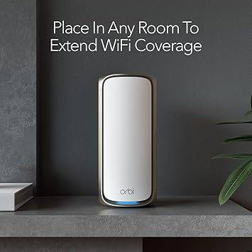 NETGEAR Orbi 970 Series RBE970 quad-band WiFi 7 mesh satellite with security, covering up to 3,300 sq ft.