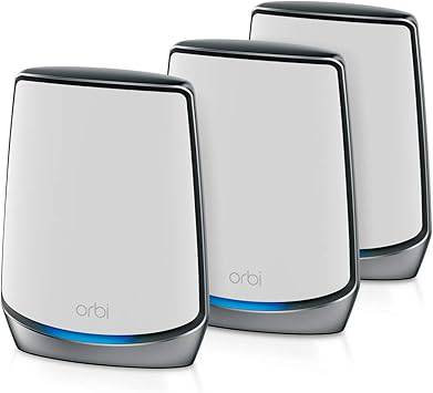 NETGEAR Orbi Whole Home Tri-Band Mesh Wi-Fi 6 System with router and 2 satellite extenders for large coverage and high device capacity.