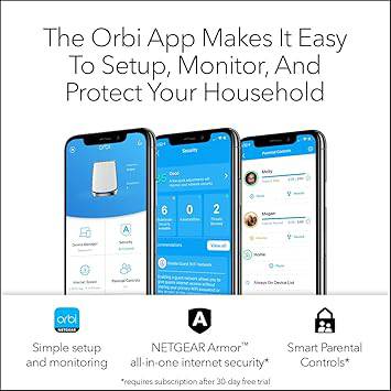 NETGEAR Orbi Whole Home Tri-Band Mesh Wi-Fi 6 System with router and 2 satellite extenders for large coverage and high device capacity.