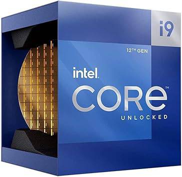 Intel Core i9-12900K desktop processor with 16 cores, up to 5.2 GHz, LGA1700 socket, shown with heatsink and motherboard slot