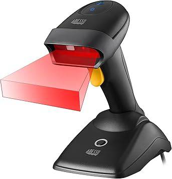 NuScan 2500TB wireless 2D barcode scanner with charging cradle, antimicrobial design, CCD sensor, and USB connection for POS systems.