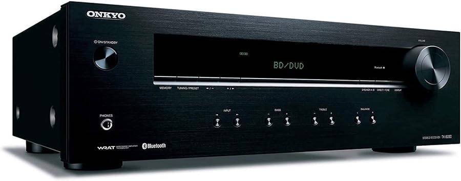 Onkyo TX-8220 2-channel stereo receiver with Bluetooth, black front panel, knobs, and display for audio connection and control